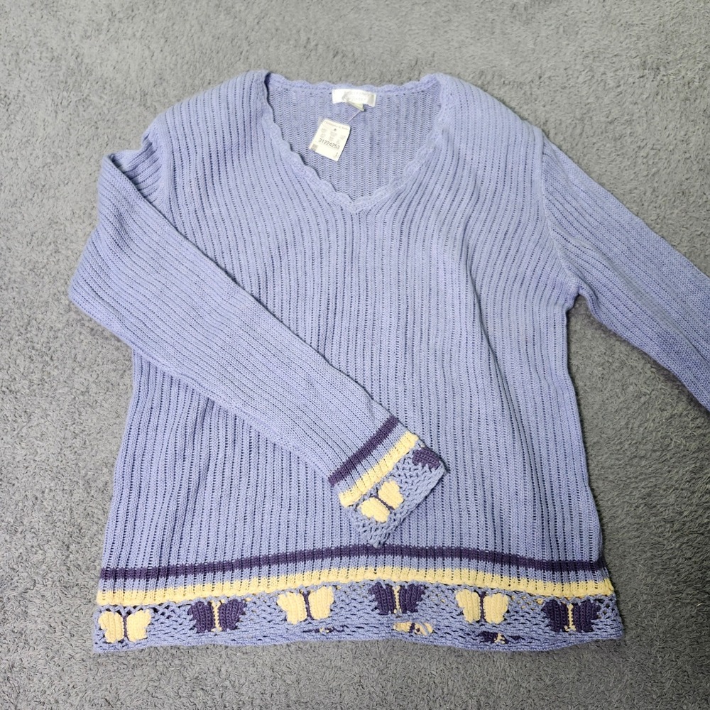 Christopher & Banks Womens S Sweater Blue Butterfly Crochet V-Neck 1728 NEW